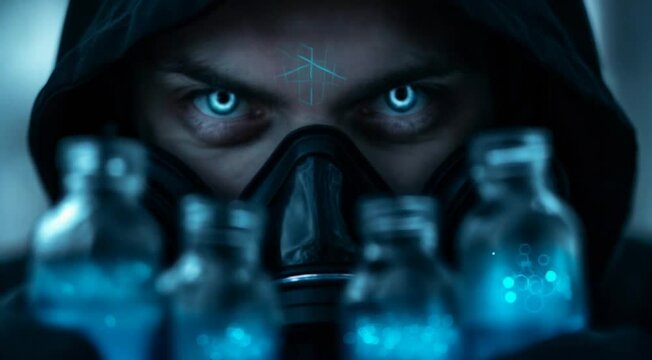person with blue eyes in respirator holding blue potion bottles. 