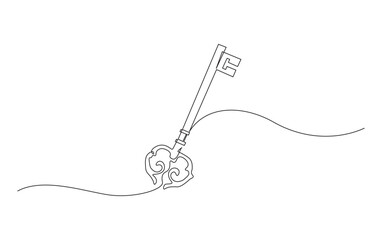 Continuous line drawing of old home key. Vintage key house in simple outline illustration.