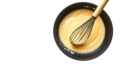 Whisk and Batter in Pan.