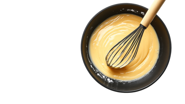 Whisk and Batter in Pan.