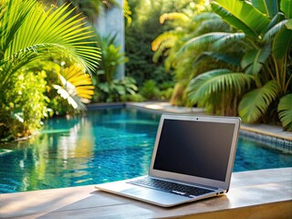 A sleek laptop with a blank screen sits idle beside a refreshing pool, surrounded by tropical plants and a subtle hint of summer serenity.