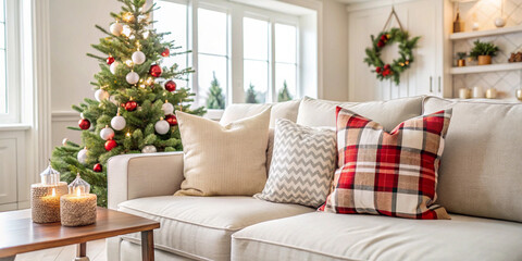 Square throw pillow mockup on a couch in a light and bright modern farmhouse-styled living room decorated for Christmas