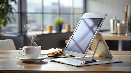 A sleek silver tablet stands upright on a modern ergonomic stand, surrounded by scattered papers and a cup of steaming coffee on a cluttered workspace.