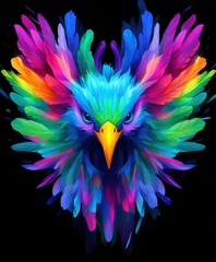 Fototapeta premium Vibrant Digital Illustration of a Colorful Bird's Head, Featuring Dynamic Wing Spread, Striking Yellow Beak, Blue Eyes, and Richly Detailed Feathers Against a Black Background