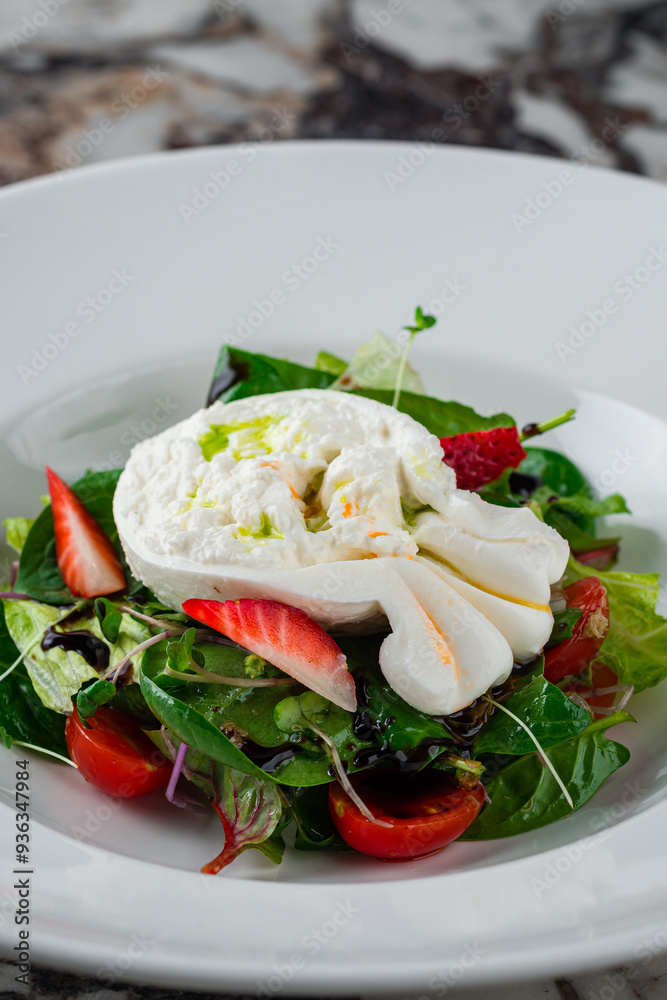 Poster diet food salad with burata cheese, strawberries, cherry tomatoes, spinach, beet leaves, lettuce and