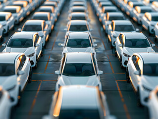 Fototapeta premium Rows of new white cars at the factory. Neural network AI generated art