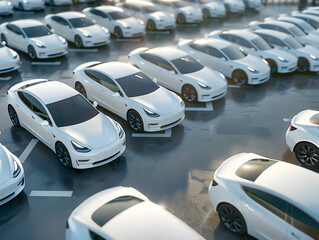 Rows of new white cars at the factory. Neural network AI generated art