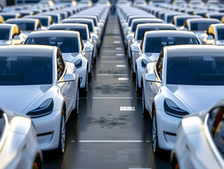 Obraz premium Rows of new white cars at the factory. Neural network AI generated art