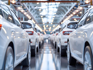 Fototapeta premium Rows of new white cars at the factory. Neural network AI generated art