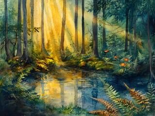 Obraz premium Enchanted Woodland Oasis with Shimmering Pond and Mystical Foliage