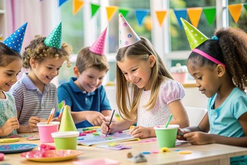 Children's Birthday Party Crafts. A group of young children, all wearing colorful party hats, are gathered around a table creating arts and crafts projects together. 