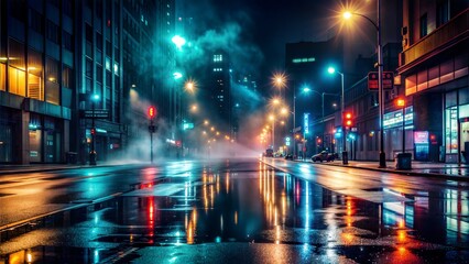 Fototapeta premium Dark and eerie urban scene: wet asphalt reflecting neon lights with a searchlight beam and smoke. Abstract atmospheric street with a mysterious, empty night cityscape in the background