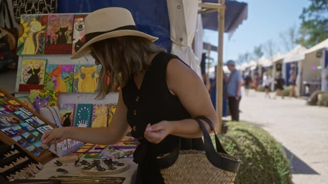 Young hispanic woman browsing colorful art at an outdoor market in palma mallorca spain wearing a straw hat and black dress on a sunny day
