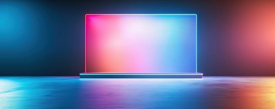 Modern event stage, neon lights and holographic screen, 3D illustration