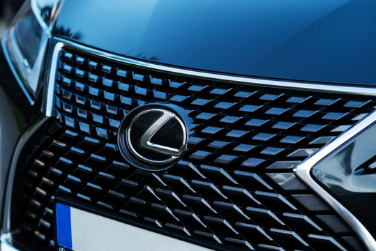 Kyiv, Ukraine. August 23, 2024. Lexus logo, close up view, luxury car, some detail front grill. Front view