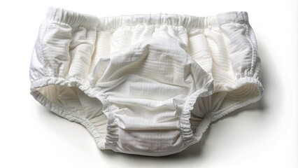 A soft, white, disposable baby diaper lies flat, unfolded, and empty, showcasing its absorbent inner layers, elastic waistband, and adhesive tabs for a secure fit.