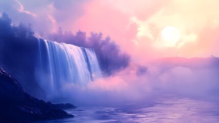 Serene Waterfall at Dawn with Pastel Skies and Gentle Mist