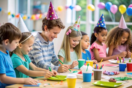 Children's Birthday Party Crafts. A group of young children, all wearing colorful party hats, are gathered around a table creating arts and crafts projects together. 