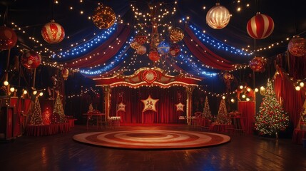 "Festive Christmas Stage Decorated with Trees and Lights"