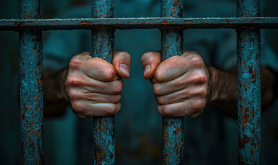 Hands gripping rusty prison bars in a dim cell