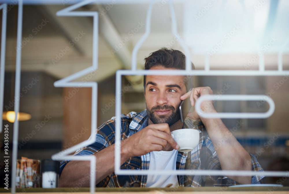 Poster man, thinking and phone call in window of coffee shop for meetup discussion, negotiation and network