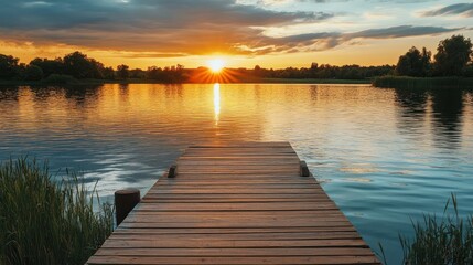 Fototapeta premium Wooden empty pier overlooking the lake at sunset on a summer evening