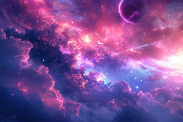 Fototapeta premium Colorful and vivid cosmic space scene with glowing planets and stars