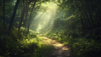 Sunbeams Illuminating a Path Through a Dense Forest