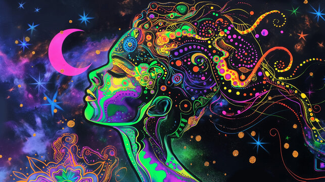 A blacklight poster of the profile view face of an alien goddess, with psychedelic patterns and swirling colors on her head and neck, and stars in space around it.