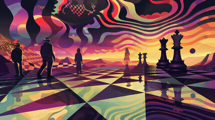 An abstract illustration depicts chess players standing on the board, casting shadows in their silhouettes.