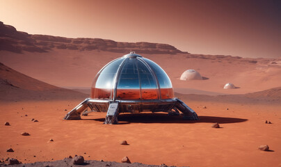 A large, silver dome sits on the surface of Mars, with smaller domes in the distance