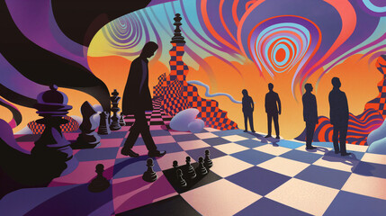 A psychedelic illustration depicts chess players standing on the board, casting shadows in their silhouettes.