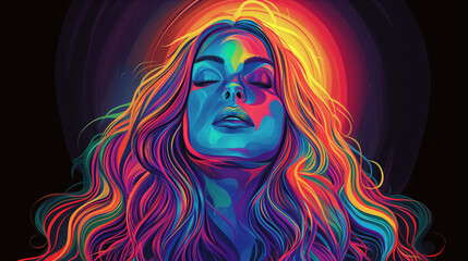 A woman with long hair and halo, vector art illustration in rainbow colors against a black background 