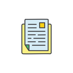 Document with corner fold and header. A simple, colorful illustration of a document with a folded corner, showing lines of text and a yellow header.