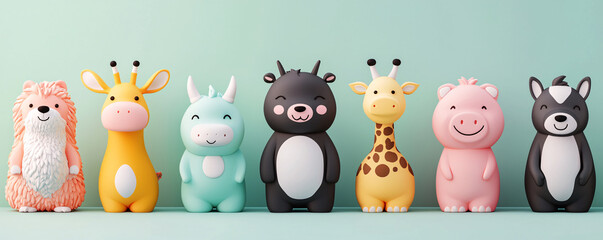 Adorable lineup of colorful animal figurines against a pastel green background