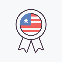 American flag badge with ribbon. An illustration of a circular badge with a red, white, and blue American flag inside and a white ribbon tied below.