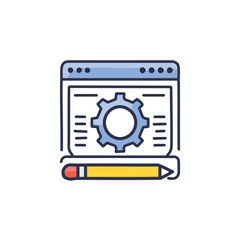 Website customization and configuration icon. A colorful illustration of a website browser window with a gear and pencil, symbolizing customization and configuration.