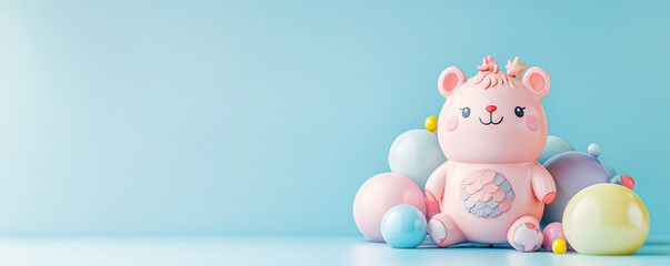 Cute pink baby bear toy with pastel-colored balls on a light blue background.