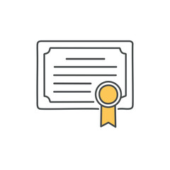 Certified document with ribbon seal. A simple line drawing of a certificate with a ribbon seal. Perfect for use in presentations or to represent achievement.