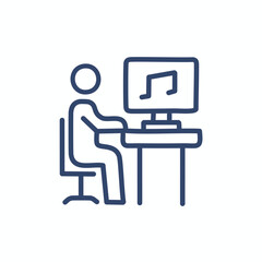 Music production on computer. Line art illustration of a person sitting at a desk in front of a computer screen with a music note symbol displayed.