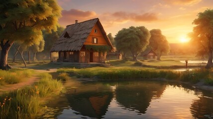 Fototapeta premium Scenic view of a traditional village with wooden houses by a tranquil pond at sunset surrounded by lush greenery and distant hills