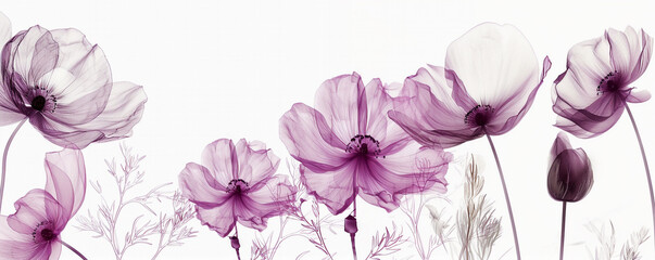 Delicate purple flowers with translucent petals on a white background. Concept of floral design, ethereal beauty, nature's elegance.