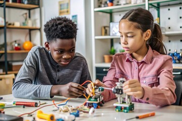 Young Students Engaging in Robotics Workshop. In a vibrant classroom setting, a focused young boy assembles a robot with his peers, showcasing teamwork and curiosity in a STEM learning environment.