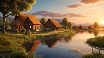 Scenic view of a traditional village with wooden houses by a tranquil pond at sunset surrounded by lush greenery and distant hills