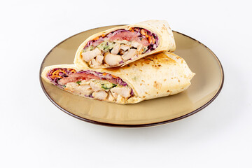 Chicken shawarma roll durum doner kebab copy space. kafta shawarma chicken pita wrap roll sandwich traditional arab mid east food