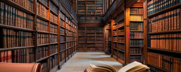 Grand law library with towering shelves filled with leather-bound legal books, warm lighting creating an atmosphere of knowledge and tradition, law study, classic law library