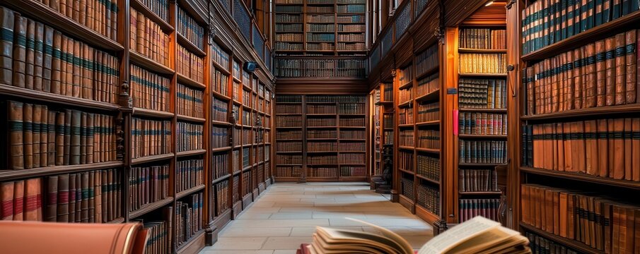 Grand law library with towering shelves filled with leather-bound legal books, warm lighting creating an atmosphere of knowledge and tradition, law study, classic law library