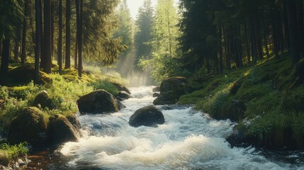 pringtime_River_in_a_Spruce_Forest_A_rapid_mountai