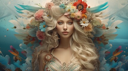 A stunning ethereal bohemian portrait of a woman with long, flowing blonde hair adorned with colorful flowers and feathers. She has a serene expression and is surrounded.