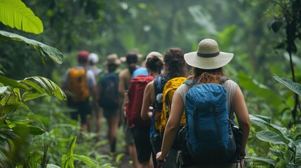 Obraz premium A diverse group of tourists treks along a winding path through a vibrant tropical rainforest, surrounded by rich greenery